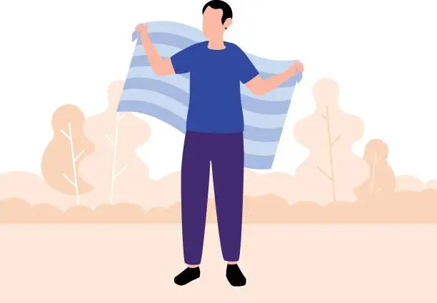 Vector illustration of A boy is holding a flag with pride.