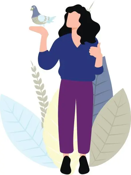 Vector illustration of The girl is holding a pigeon.