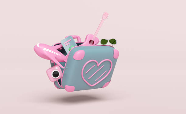 istock summer travel with open suitcase, heart shaped pattern, sunglasses, camera, guitar, passport or international travel for tourism, airplane isolated on pink background. concept 3d illustration render 2095772035