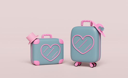 3d close suitcase with heart shaped pattern, hat isolated on pink background. summer travel concept, 3d render illustration