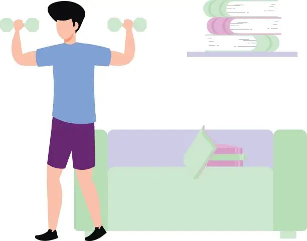 Vector illustration of Boy exercising with dumbbells at home.