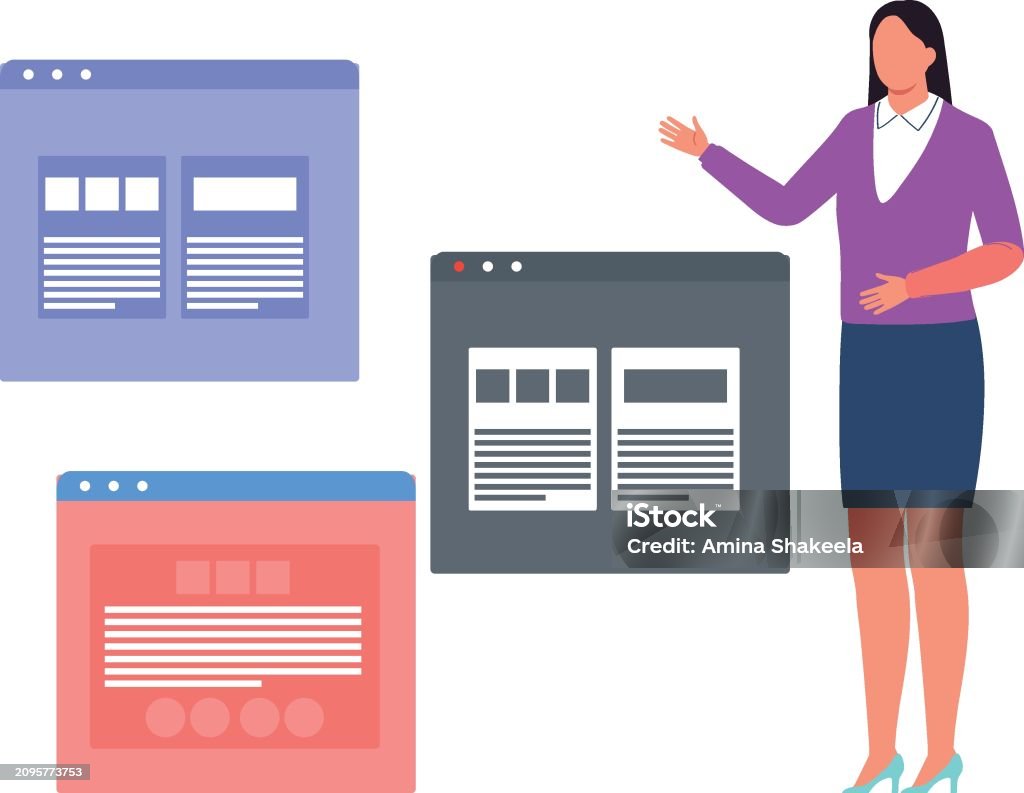 The Girl Is Showing The Different Web Pages Stock Illustration