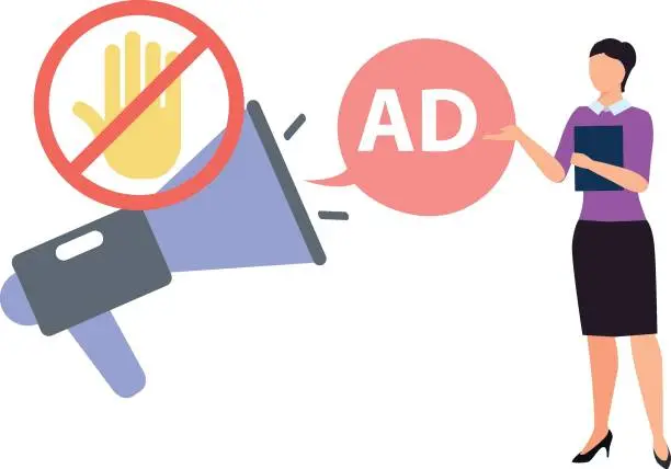 Vector illustration of The girl is showing an ad about adblock.