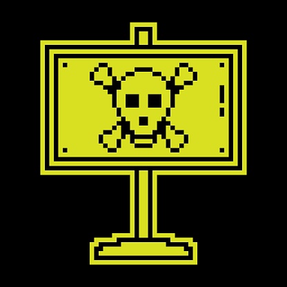 Pixel silhouette icon, sign plate with skull and crossbones. Hazard symbol, minefield designation. Simple black and yellow vector isolated