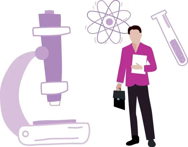 Vector illustration of The boy stands by the microscope.