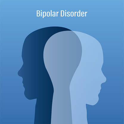 Bipolar disorder mind mental. Double face. Split personality. Concept mood disorder. Dual personality concept. Two head silhouette. Mental health, psychology. Emotional highs and lows. flat vector