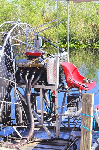 Key West, United States – October 12, 2018: Airboat parked on a lake shore