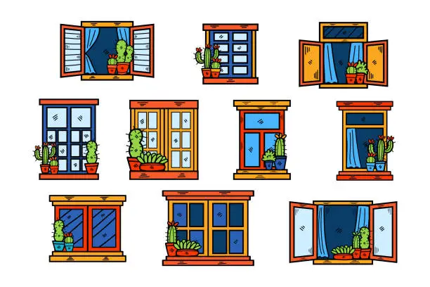 Vector illustration of Hand Drawn Window and cactus in flat style