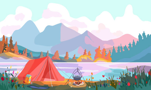 Colorful landscape with a mountain lake. River bank. Red tent in the camping. Lifestyle. Banner and tourism advertising. Colorful landscape with a mountain lake. River bank. Red tent in the camping. Lifestyle. Banner and tourism advertising. Postcards and invitations to the warm season resort. Vector illustration background of a camping stock illustrations