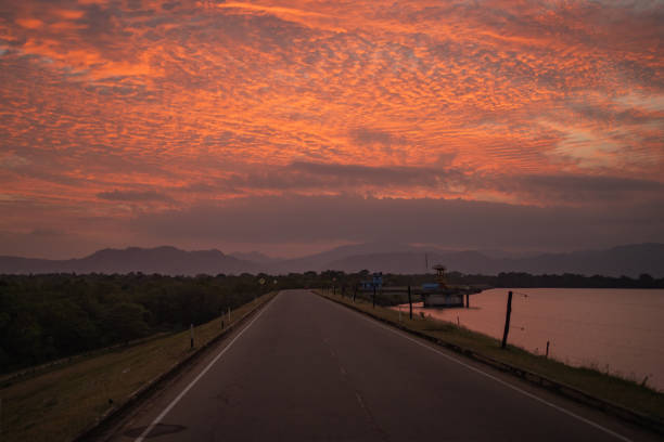 Road leading to mountains and lake in pink sunset