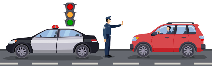 The police officer signals to stop with a commanding gesture, standing tall and authoritative in uniform.