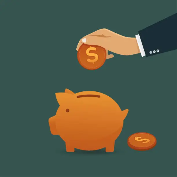 Vector illustration of A man puts a US Dollar in a piggy bank the topic of the savings concept