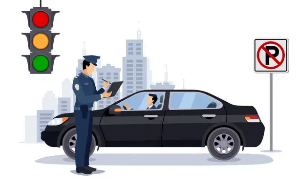 Vector illustration of A traffic police officer issued a citation to a male driver for violating traffic regulations.