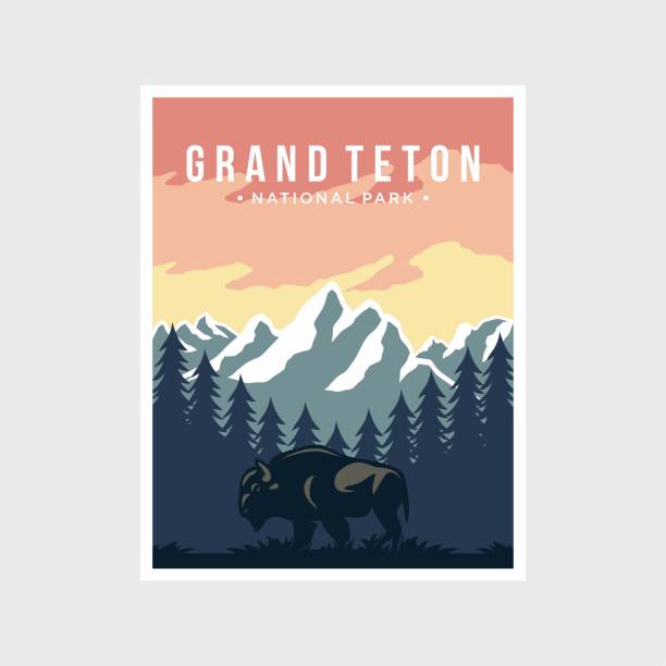 illustrazioni stock, clip art, cartoni animati e icone di tendenza di grand teton national park poster vector illustration design - teton range illustrations