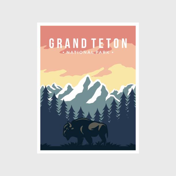 grand teton national park poster vector illustration design - teton range illustrations点のイラスト素材／クリップアート素材／マンガ素材／アイコン素材