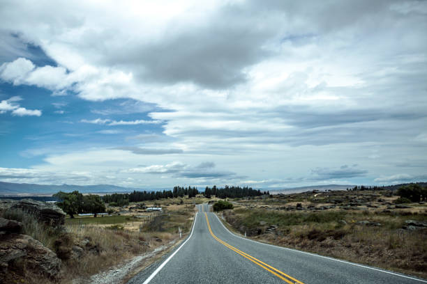 The image captures a winding highway stretching through undulating terrain, flanked by lush yellow and green grass on either side. Towering cumulus clouds dominate the expansive sky above, casting dramatic shadows over the landscape. In the distance, a dark forest adds depth to the scene, enhancing the sense of vastness and serenity.