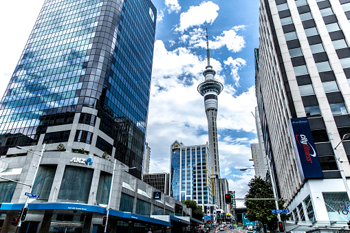 Auckland, New Zealand - January 3, 2017: Near Queen Street in Auckland, high-rise buildings, including the iconic Sky Tower, dominate the skyline. These modern structures house offices, residences, and upscale amenities. With sleek glass facades, they offer panoramic views of the city and harbor, contributing to Auckland's vibrant urban landscape both day and night.