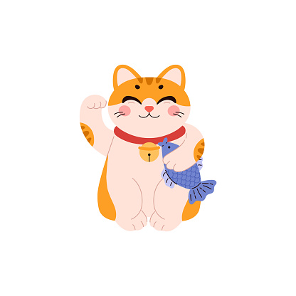 Lucky Maneki Neko, traditional Japanese cat with blue fish. Illustrates prosperity, wealth concept. Isolated flat vector illustration, Asian cultural icon.