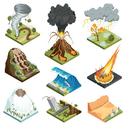 Isometric representation of natural disaster vector illustration set.