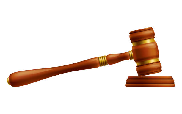 istock Wooden brown judge gavel, decision glossy mallet for court verdict. 3d realistic vector, isolated on white background. Auction hammer with gold on the stand. Law and justice system symbol 2095879943