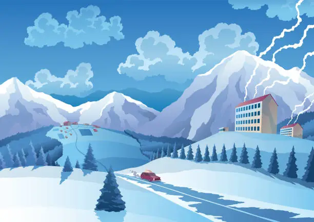 Vector illustration of Winter landscape with house, snowy pines on foreground and mountains peaks, hills, clouds on sky on background. Vector drawing of snow-covered field on which stands the house