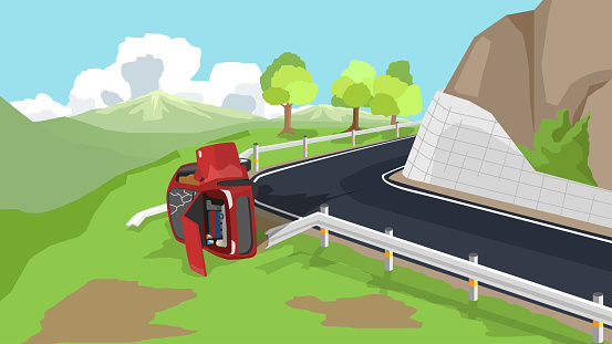 Vector cartoon illustration of a road trip with a car on the asphalt road. Damage of sedan car went off a curve and overturned out of the road. Road barrier is broken around a mountain curve.