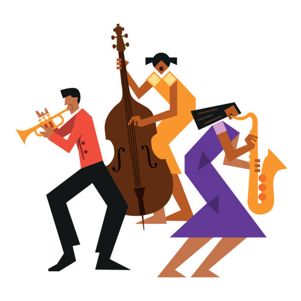 jazzband, dixieland, kontrabass, saxophon, trompete. - dixieland stock-grafiken, -clipart, -cartoons und -symbole