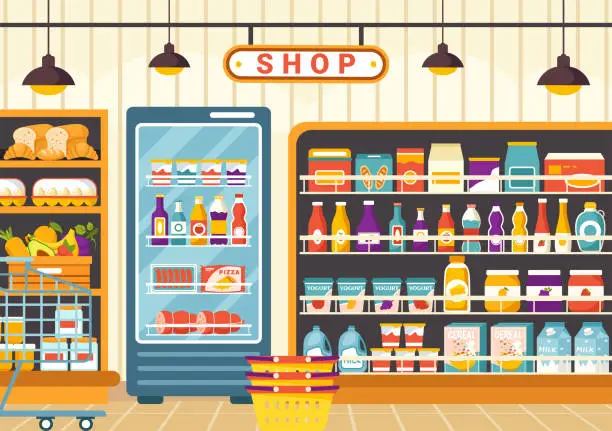 Vector illustration of Grocery Store Shelf Vector Illustration with Foods Items and Products Assortiment on the Supermarket for Shopping Daily Needs in Flat Background