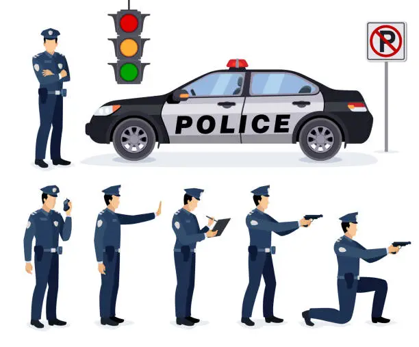 Vector illustration of Cartoon Police Officer Poses. Dynamic Set of Policeman Characters in Office and Street Scenarios. Police Car.