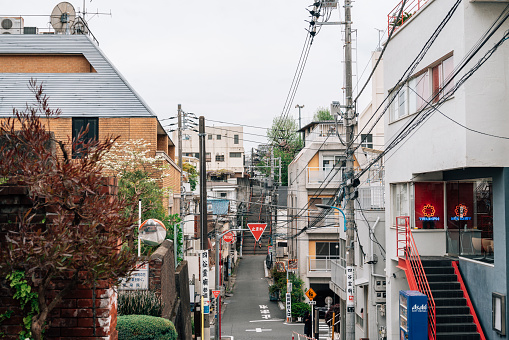 Tokyo, Japan - 12 April, 2023 : Animation movie 'Kimi no Nawa Your Name' location Shinjuku alley stairs