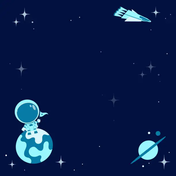 Vector illustration of Template with space themed. Astronaut with flag, planets and starship on starry sky.