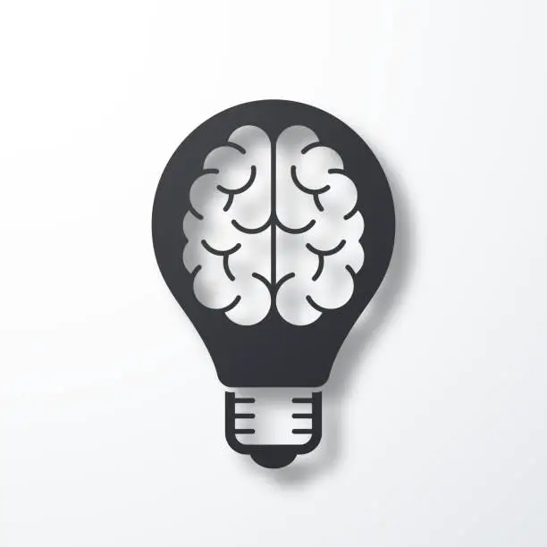 Vector illustration of Light bulb with brain. Icon with shadow on white background
