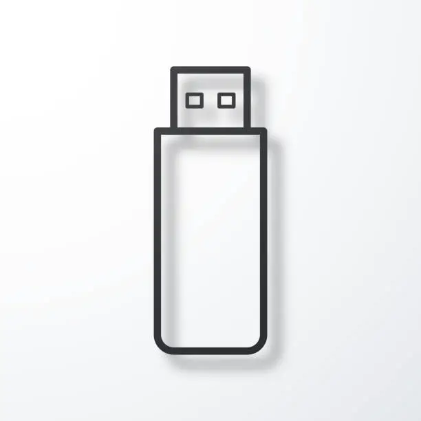 Vector illustration of USB flash drive. Line icon with shadow on white background