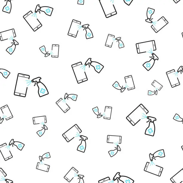 Vector illustration of Smartphone handle disinfection. Seamless pattern. Line icons on white background