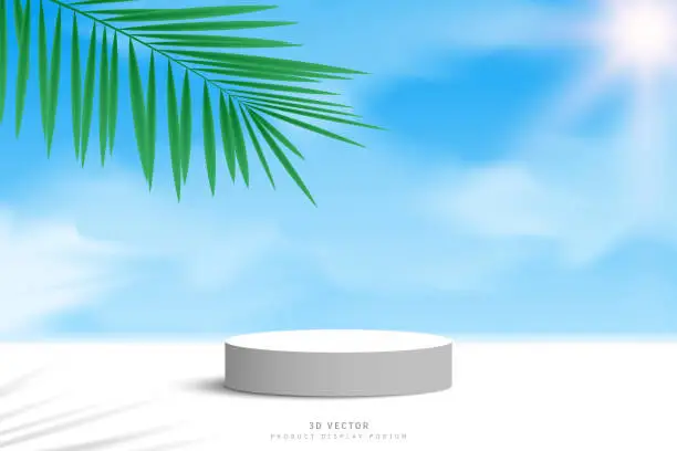 Vector illustration of Gray 3d cylinder podium pedestal realistic or product display stand rendered with palm leaf branch, palm leaf shadow, sun, clouds and blue sky. Sky scene for product mockup, banner, template.