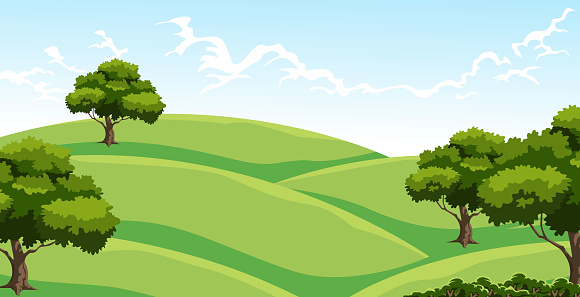 view of rolling hills of agricultural land with trees in the fields. fresh green grass and clear skies