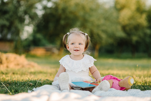 Happy child playing toys in field at sunset. Cute baby girl sitting on blanket on green grass in park. Summer portrait of beautiful daughter in nature. Concept of family picnic, spring time together.