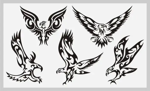 Vector illustration of Vector Attacking Eagles Tribal Illustrations Set