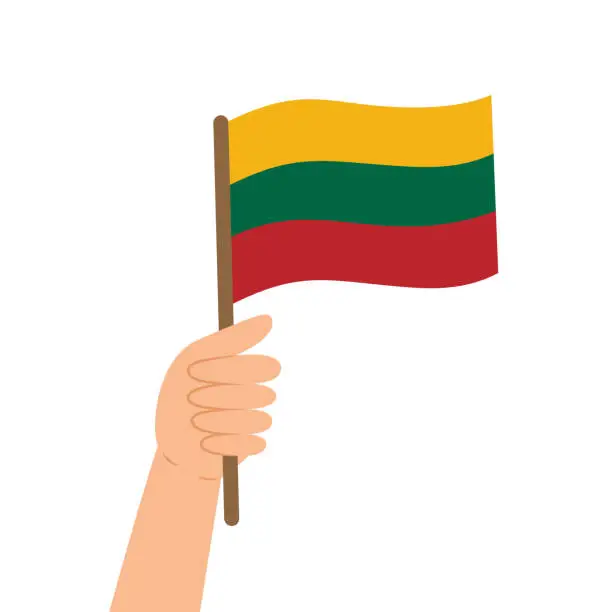 Vector illustration of Hand holding a flag of Lithuania. Vector illustration of the Lithuanian flag in flat style.