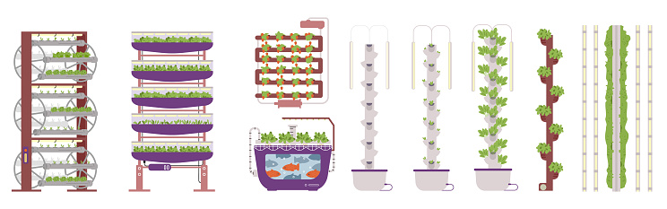 Equipment for vertical faming flat vector illustrations set. Aeroponic towers, aquaponic tank with fish and hydroponic pipes with crops and strawberry.