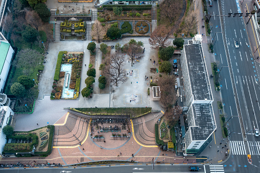An aerial view of city gardens in Tokyo