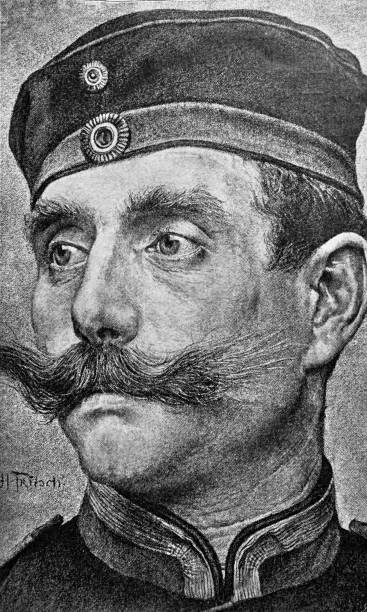 istock Soldier portrait with mustache, high-necked collar and cap, looking to the side, eyes wide open, slightly frightened 2095972960