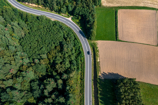 A winding road among forests and fields in summer landscape seen from directly above.