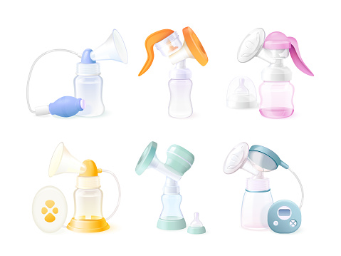 Breast pump. Realistic breastfeeding equipment, lactation care device bottle with pump milk suction and storage, healthy breast baby newborn food pumping, vector illustration of child baby breast pump