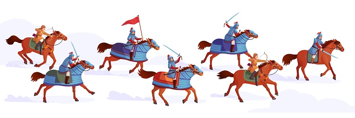 Horse cavalry. History horses warriors battle scene, ancient army royal horseguard, war china warrior hun or mongol cavalier medieval soldiers attack, ingenious vector illustration of history warrior