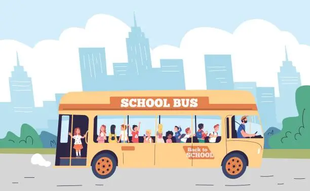 Vector illustration of School excursion bus. Yellow schoolbus elementary student or preschool kid tripping auto transport, studying children travelling trip on picnic and back in town vector illustration