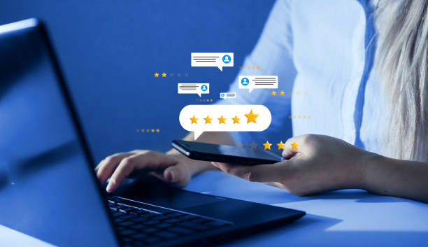istock Customer review satisfaction feedback.Concept of satisfaction, quality and performance.Person who gives leave feedback on the bought product with gold five star rating feedback on virtual sreen. 2096021926
