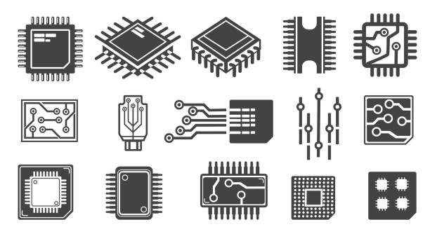 cpu-chips-cartoon-symbole. mikroprozessor-elektronisches mikrochip-logo, cpu-gpu-quantenchip für schaltungsnetzwerk-motherboards, pcb-mikroprozessor abstraktes symbol ordentliche vektorillustration - mondlandefähre stock-grafiken, -clipart, -cartoons und -symbole
