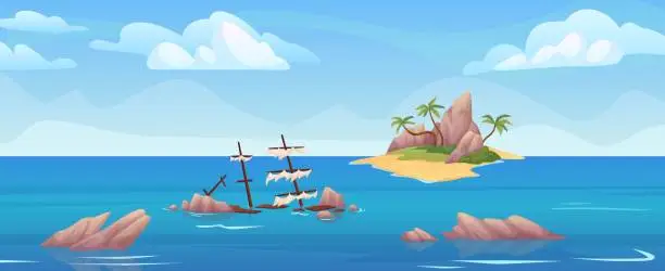 Vector illustration of Uninhabited island. Empty desert islands tropical coast panoramic cartoon landscape, alone in caribbean sea after shipwreck robinson concept