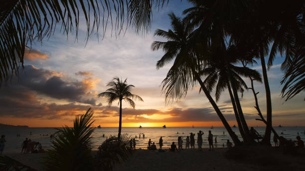 istock Sunset on beach with people and palms 2096034066